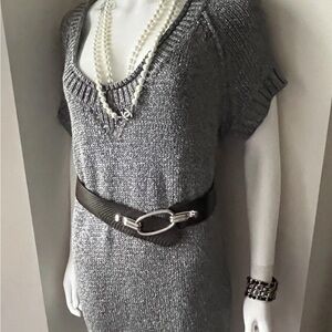 Elie Tahari Black Textured Leather Belt with Silver Horsebit Buckle